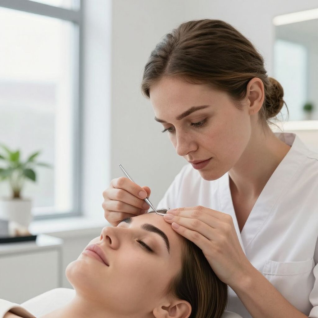 A person having their eyebrow attended to at a salon, with the aesthetician holding tweezers.