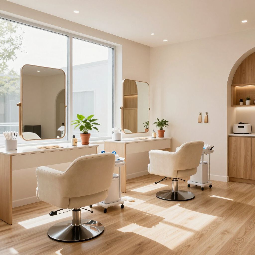 Hair salon interior with two stations, mirrors, beige chairs, wood cabinets, and plants.