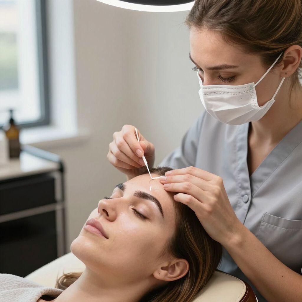 A person receives a cosmetic procedure; practitioner in a mask uses tools on a client's forehead in a medical setting.