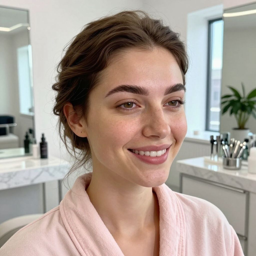 Woman smiles, wearing a pink robe, brown hair pulled back, standing in a brightly lit room.