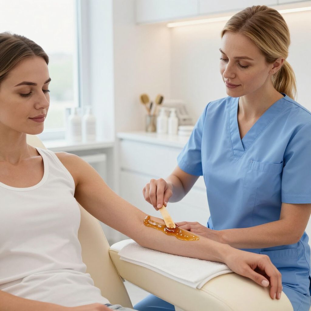Woman receiving arm waxing at a salon. Technician applies wax with a wooden spatula.