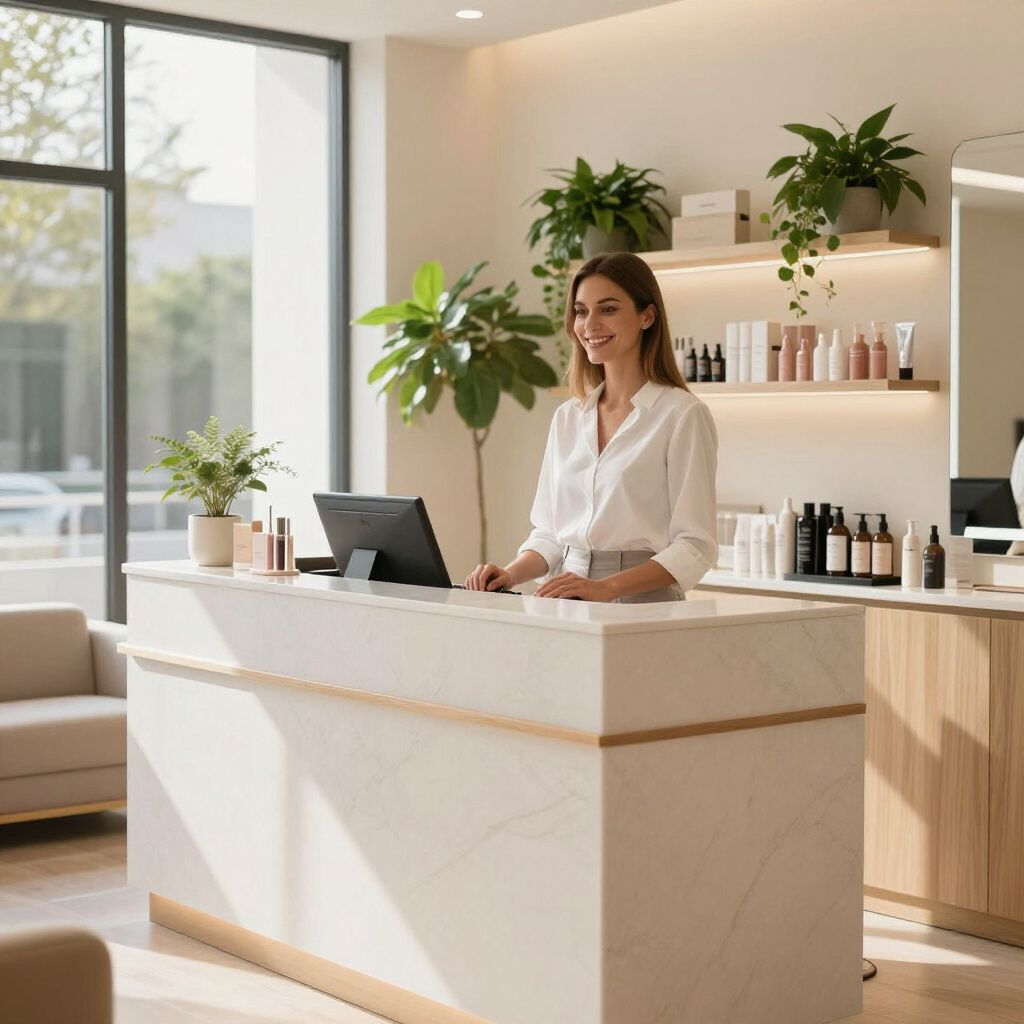 Woman at a reception desk in a beauty salon, smiling, near plants and product display.