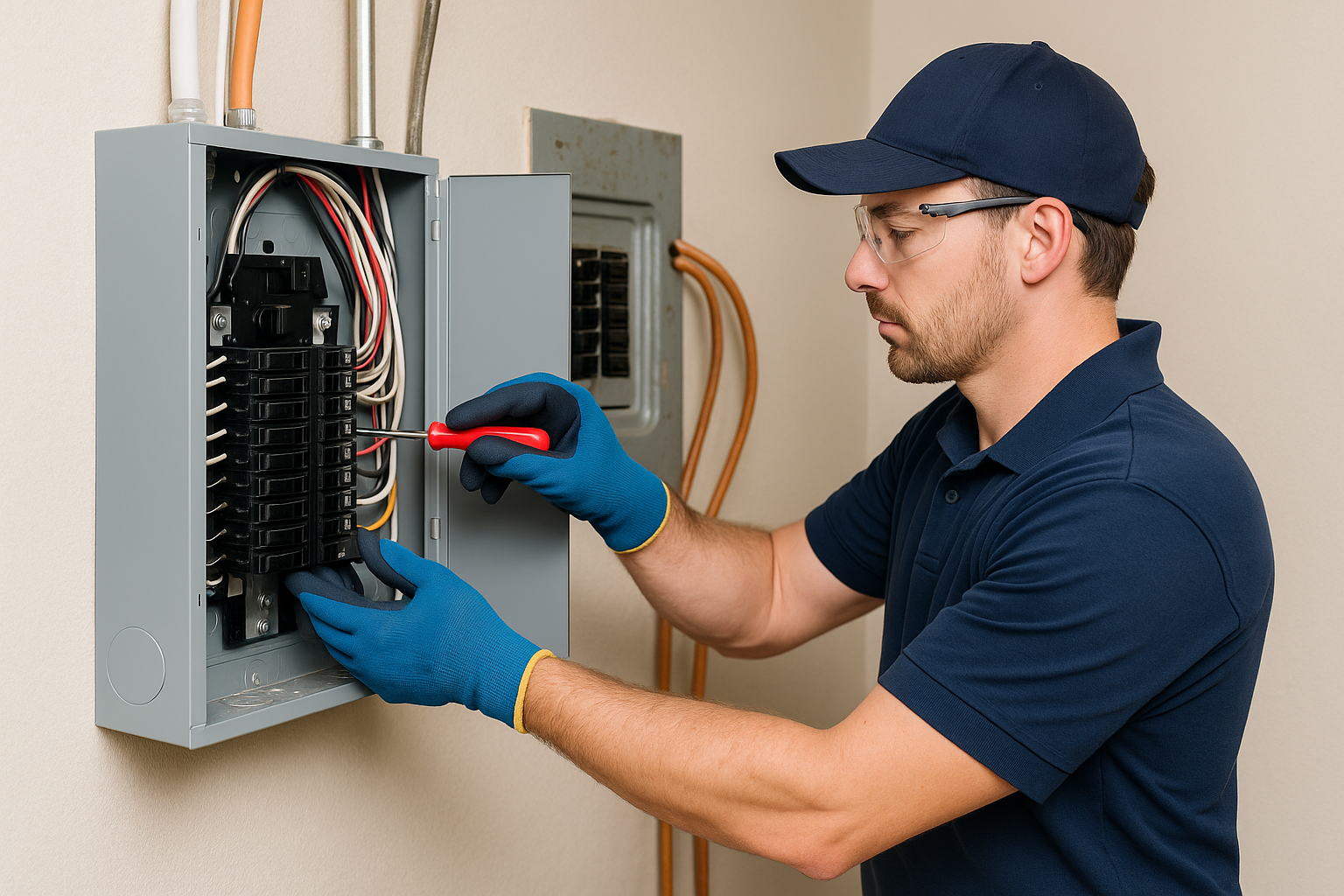 Alpha Electric electrician installing a 200-amp electrical panel upgrade in an Ontario home