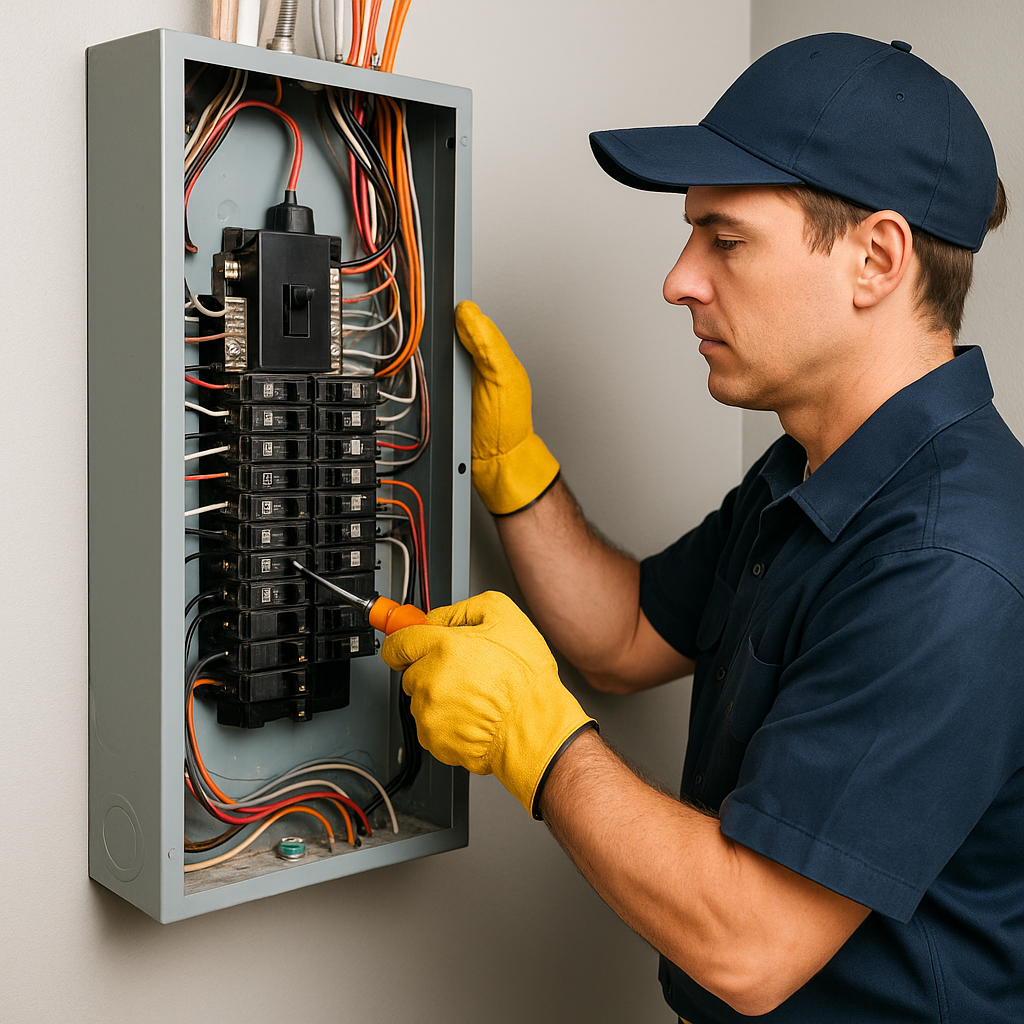 Alpha Electric close-up of a modern 200-amp electrical panel with neatly arranged breakers.