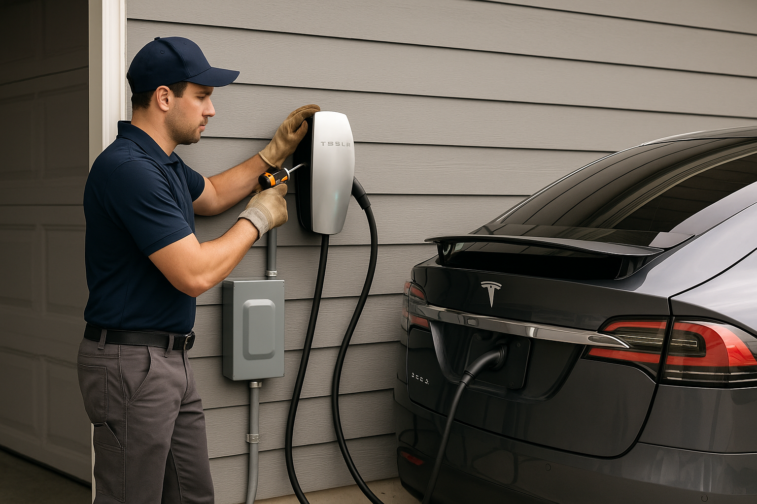 Alpha Electric electrician installing a Tesla Wall Connector in a Milton home garage