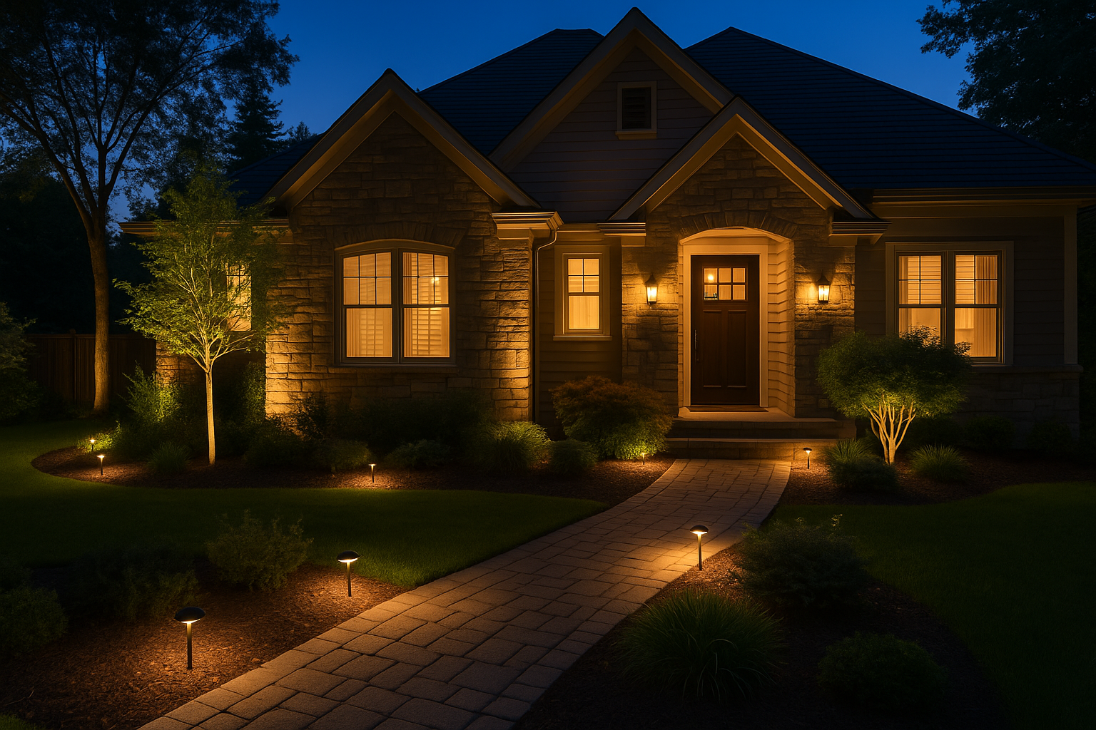 Alpha Electric pathway lighting illuminating a curved brick walkway and garden in a Milton home
