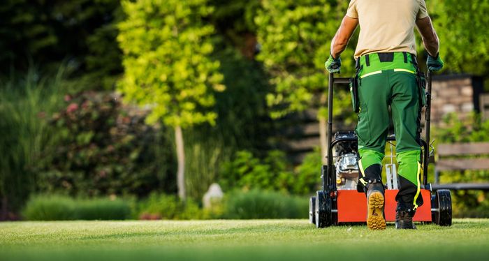 a man is mowing a lush green lawn with a lawn mower .