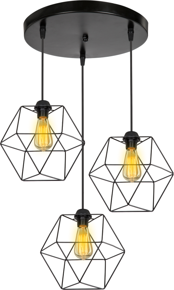 A pendant light with three geometric shaped shades and a light bulb.