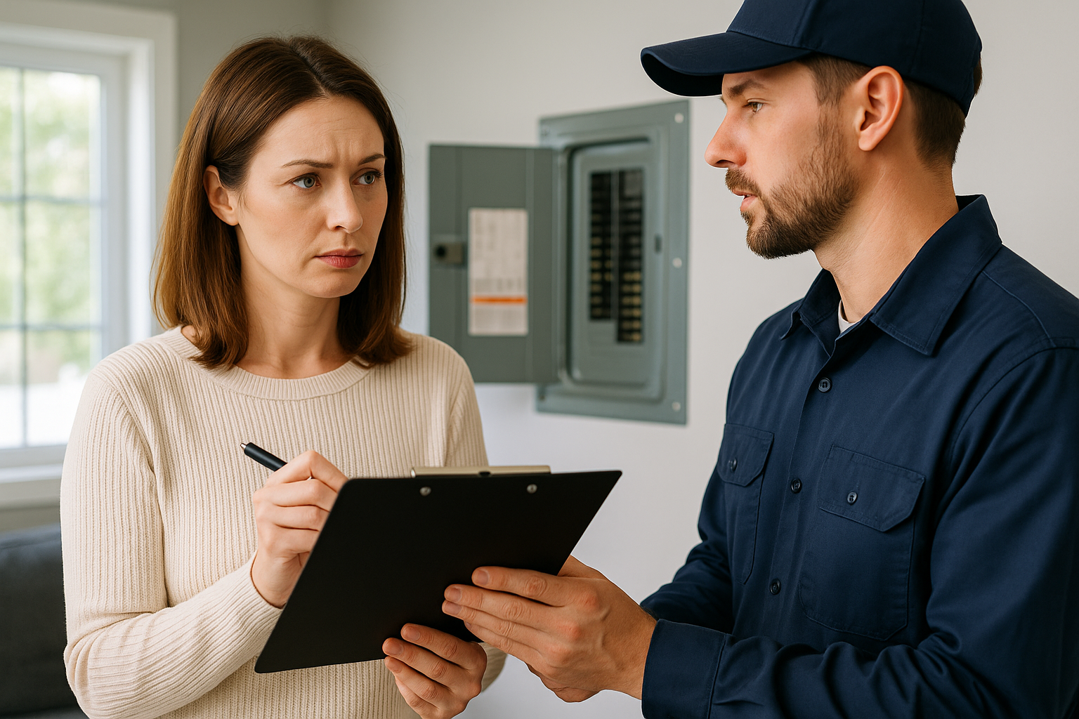 Alpha Electric electrician consulting with a Milton homeowner about electrical plans inside a home