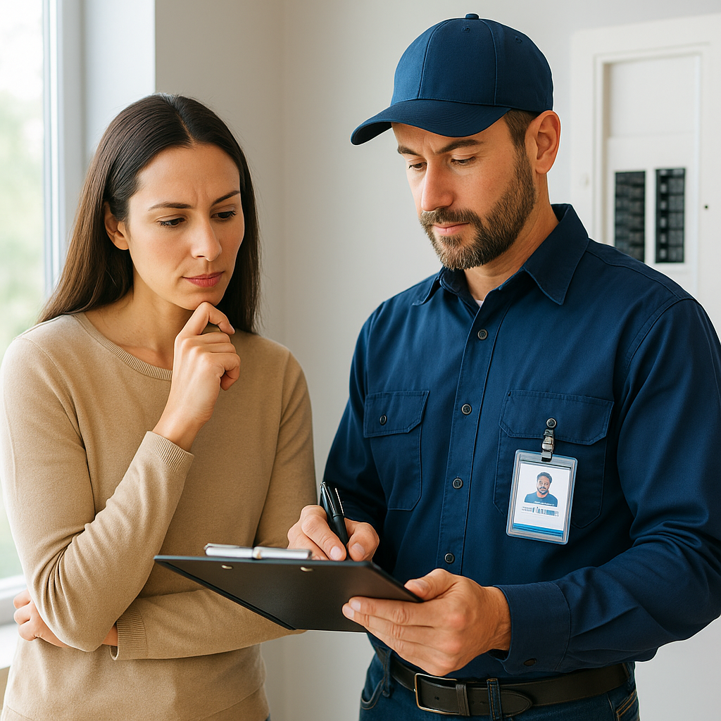 Alpha Electric licensed electrician inspecting a residential electrical panel for safety in a Milton home
