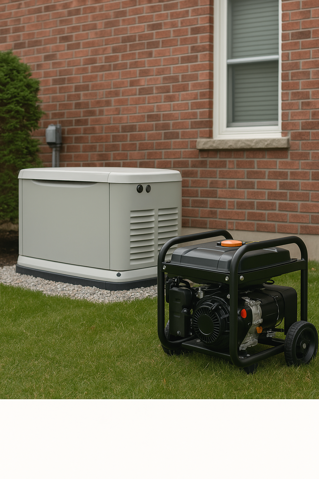 Alpha Electric showing portable and whole-home generators installed outside a brick Ontario home.