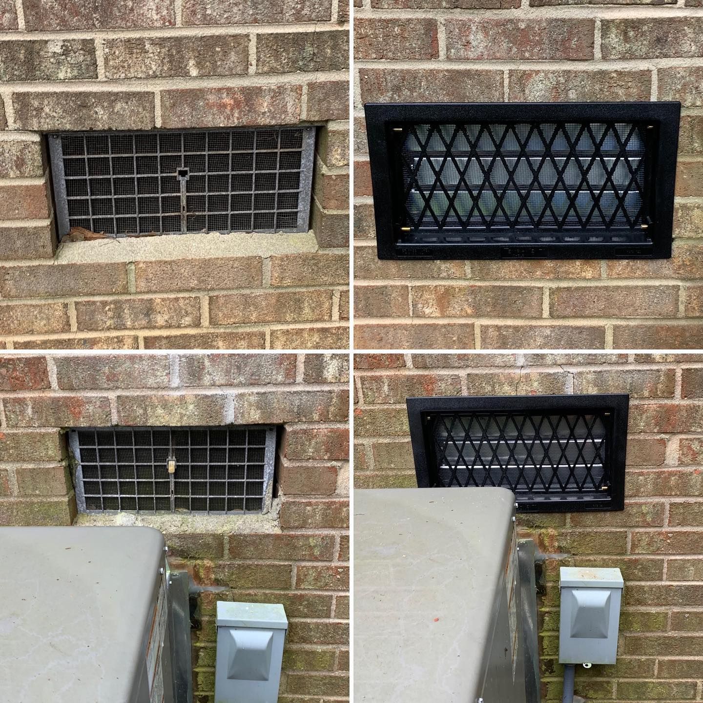 Four images: Brick wall vents before and after replacement with black security vent covers.