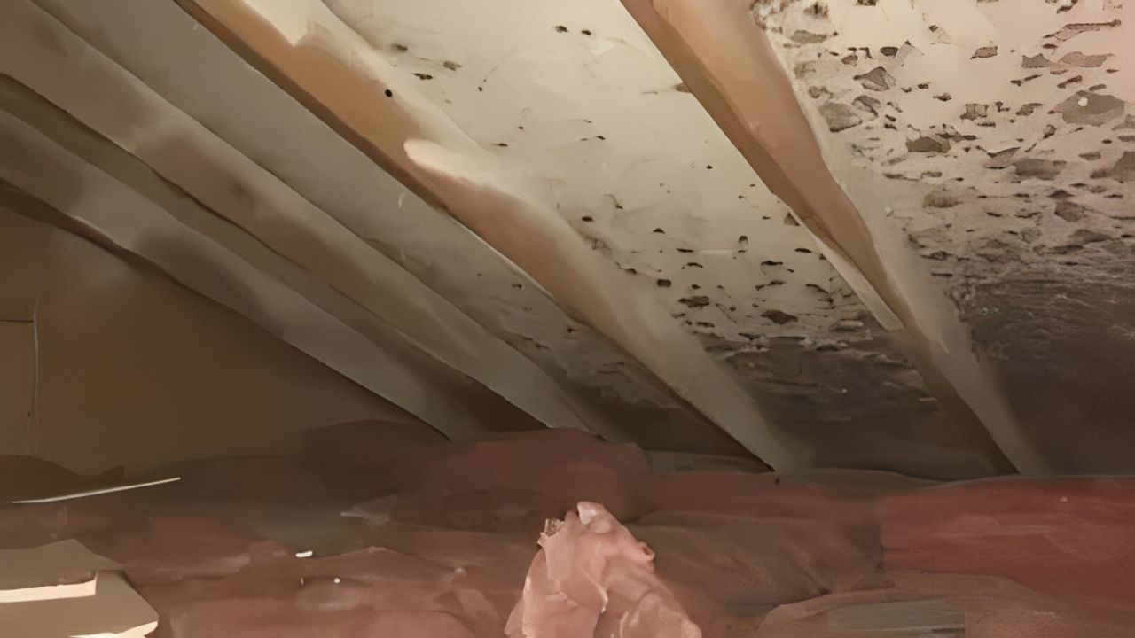 Attic with mold on wood beams and insulation below.