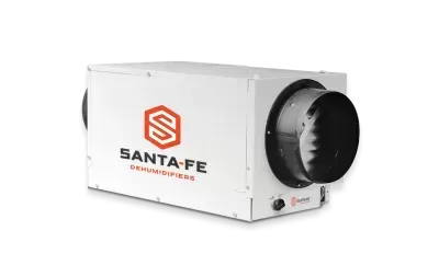 White Santa Fe dehumidifier with black duct and logo.