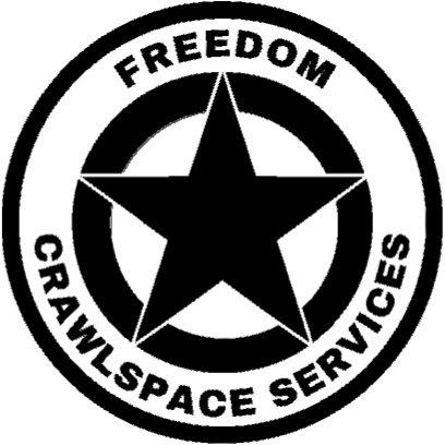 Black and white logo: Circle with "FREEDOM" at top, "CRAWLSPACE SERVICES" at bottom, a star in the center.