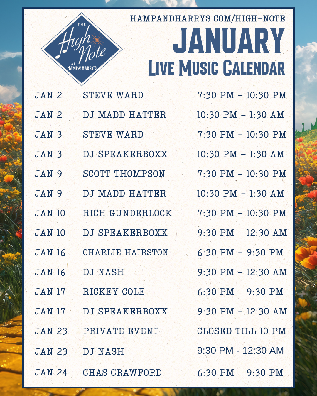 A January live music calendar from Hamnandmany's High Note, listing bands, DJs, and times.