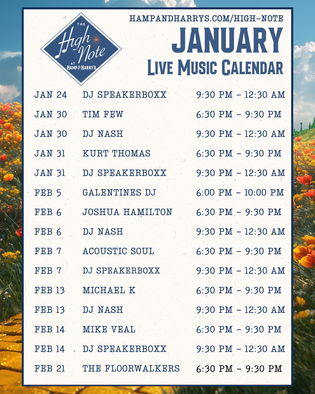 Flyer for High Note Bar's January live music calendar, listing performers, dates, and times.