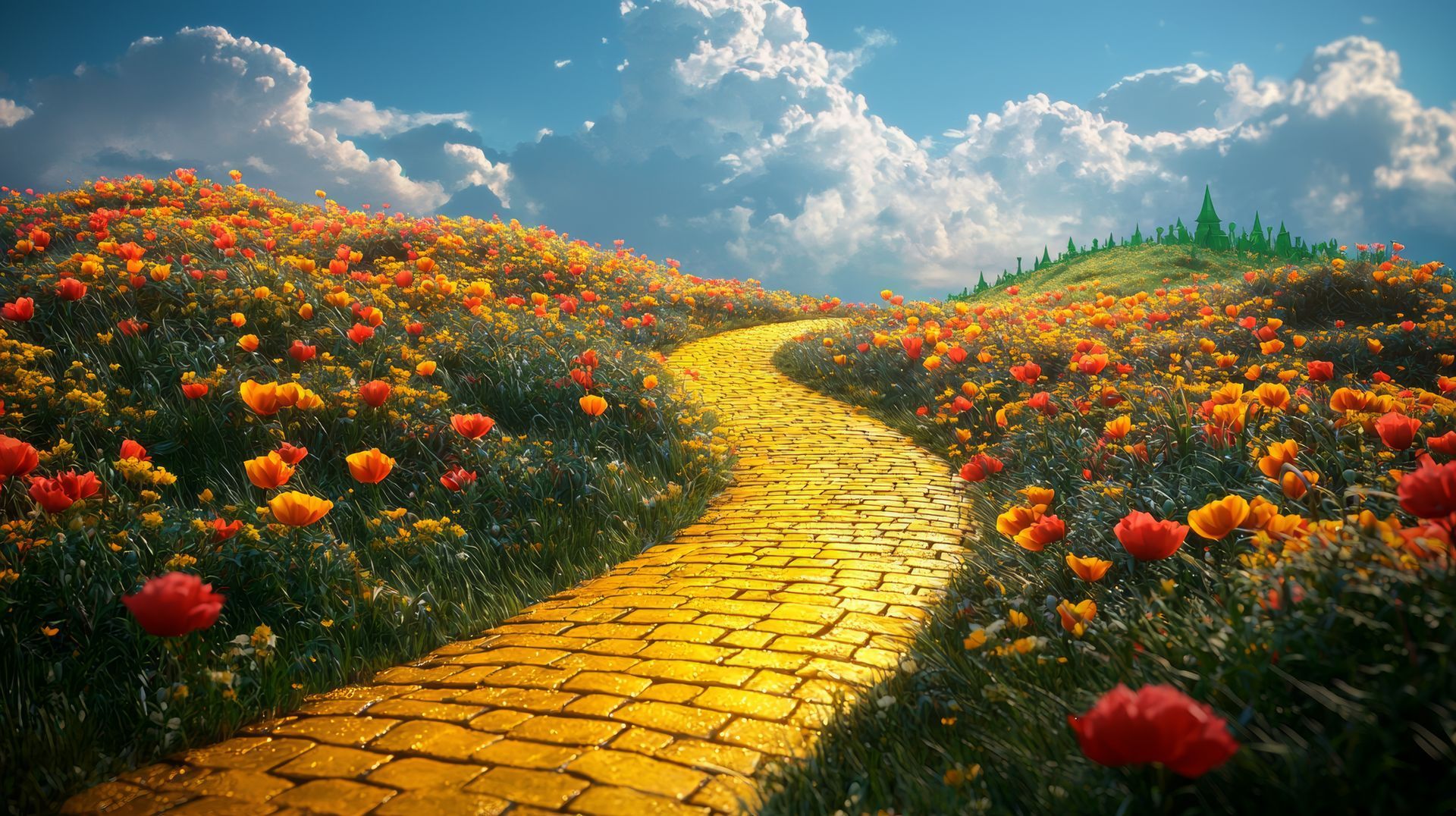 Yellow brick road winding through field of wildflowers under a cloudy blue sky.