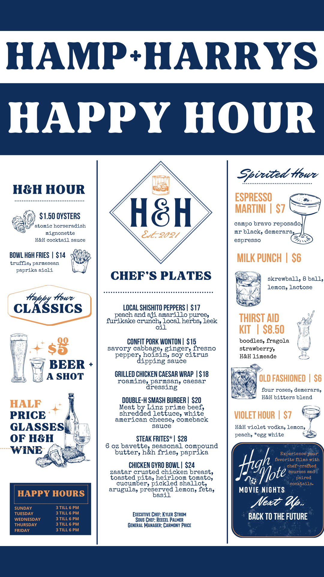 Menu: HP Hour, Wizard's Hour, Chef's Plates, including drinks, happy hour, and food items.