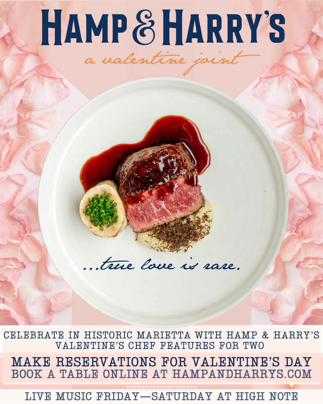 Valentine's Day ad for Hamp & Harry's restaurant in Marietta. Features a plate with steak, sauce, and booking information.