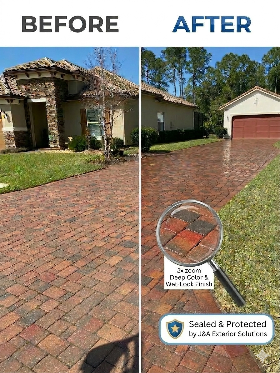 Before and after photo of our Professional Paver Sealing service in Jacksonville, FL | J&A Exterior Solutions