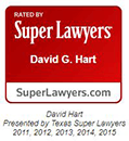 A red sign that says `` rated by super lawyers david g. hart ''.
