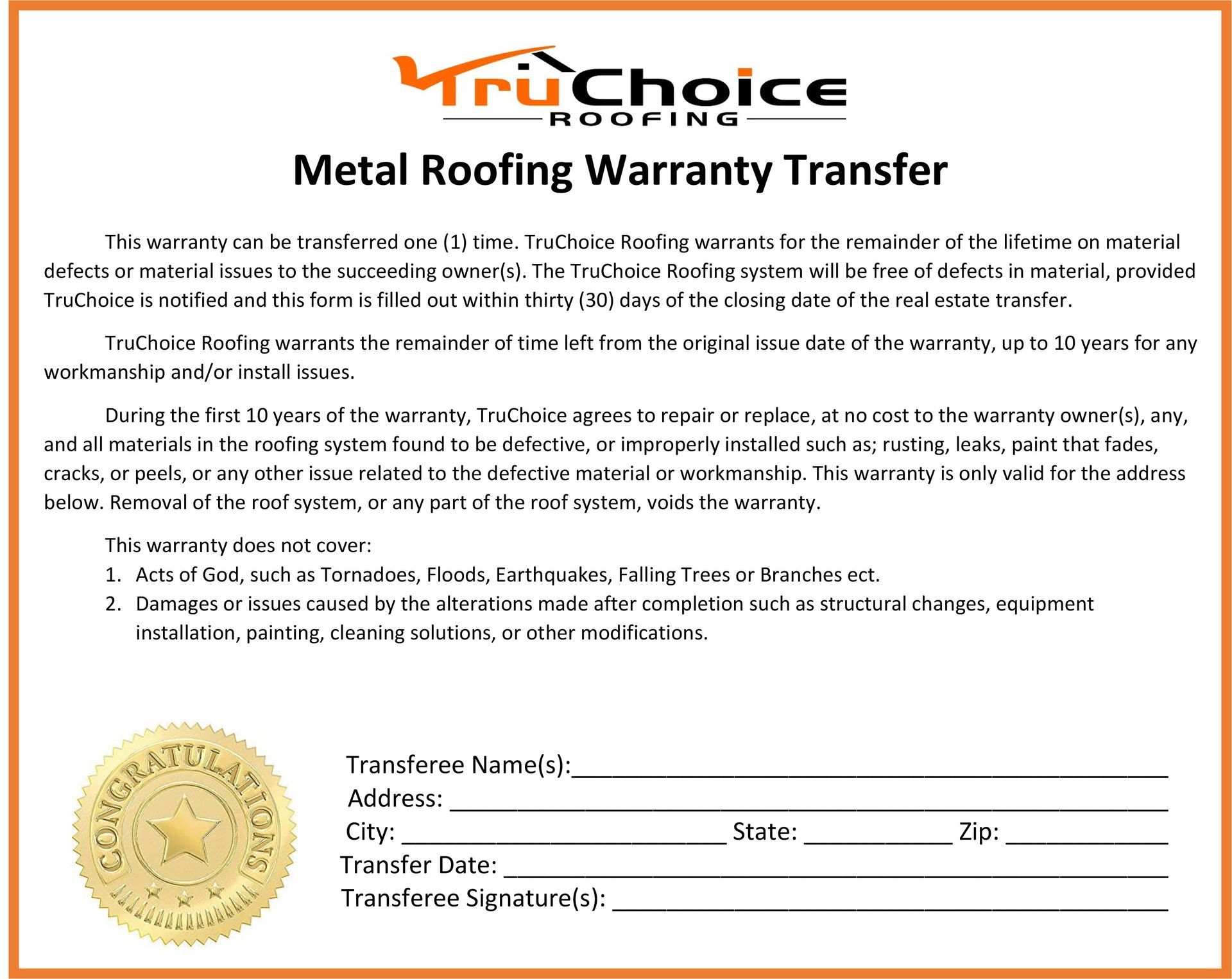 TruChoice Roofing Metal Warranty