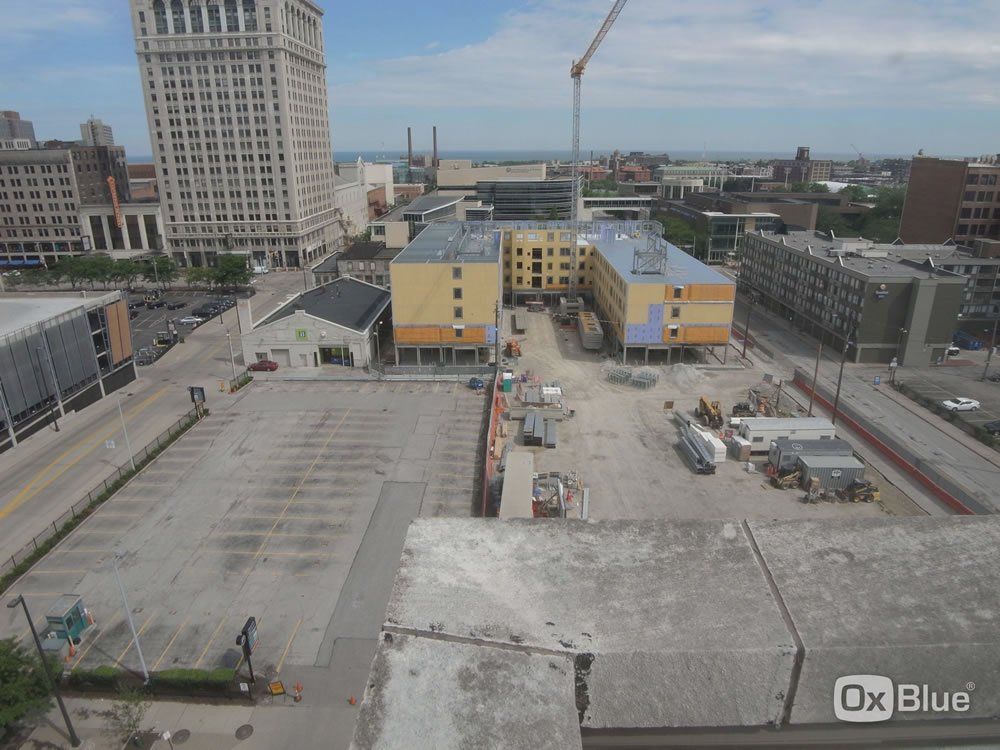 An aerial view of a city taken by ox blue.
