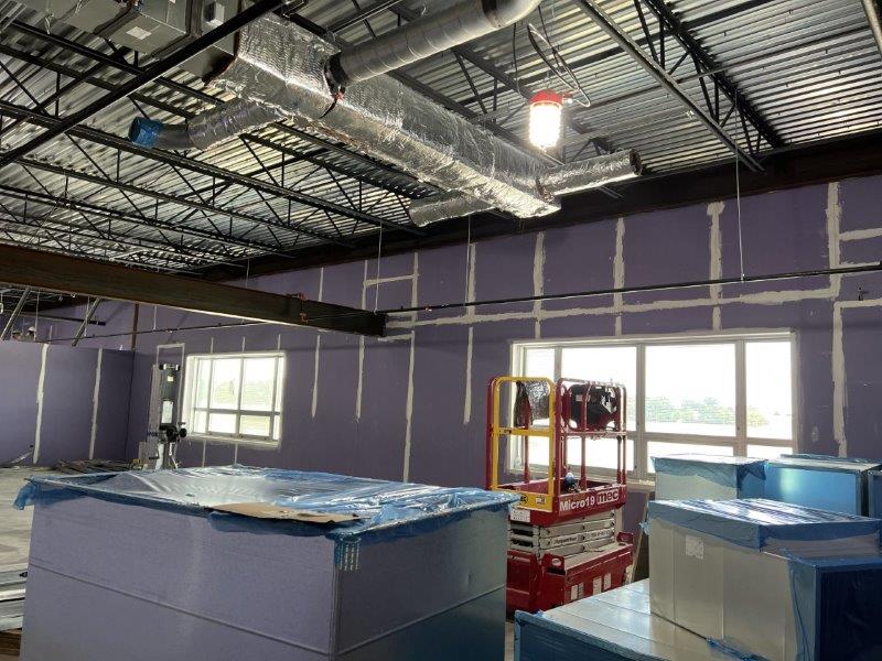 A room with purple walls and a ceiling that is being built.