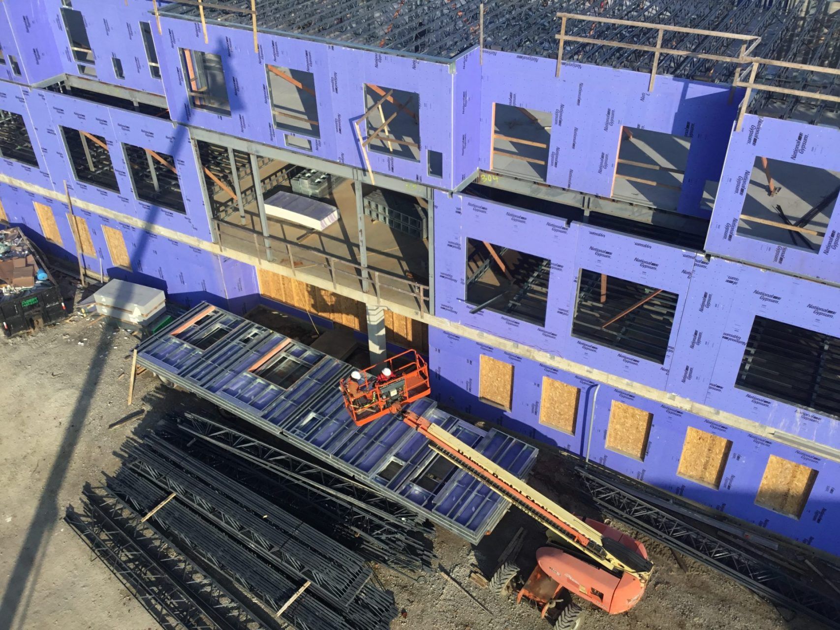 An aerial view of a building under construction.