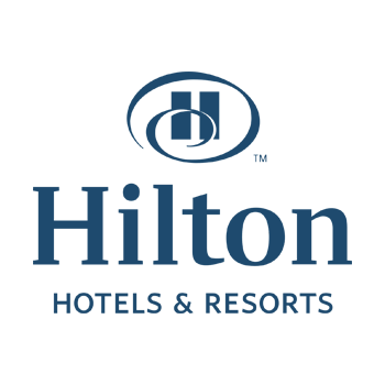 The logo for Hilton Hotels and Resorts is blue and white.