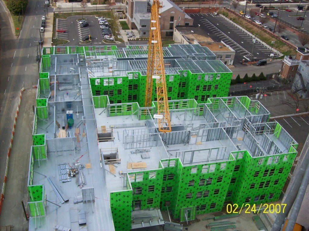 An aerial view of a building under construction.