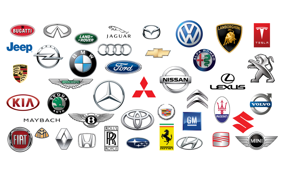 A bunch of car logos on a white background