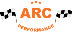 A logo for arc performance with two checkered flags