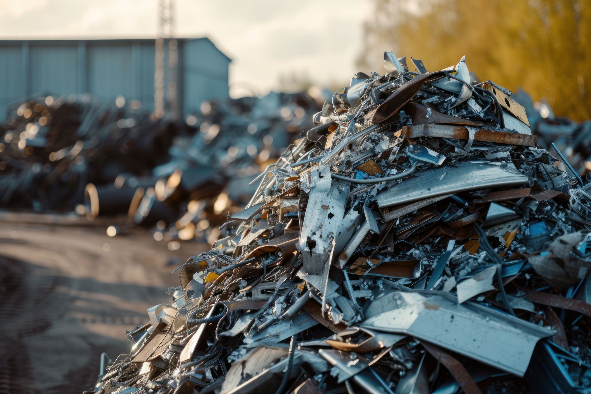Large pile of mixed metal debris ready for efficient scrap recycling at a local industrial yard.