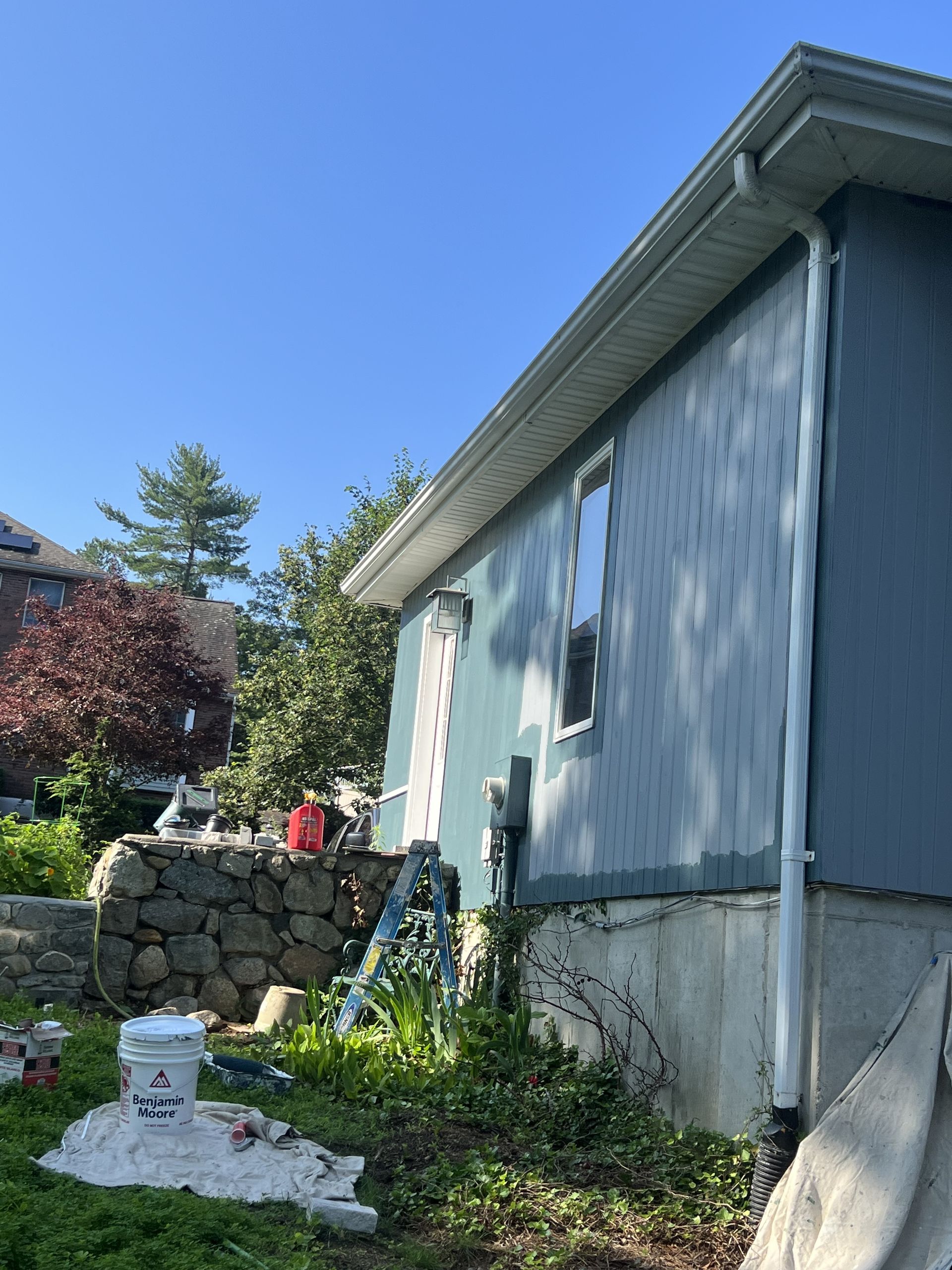 A house is being painted in a backyard.