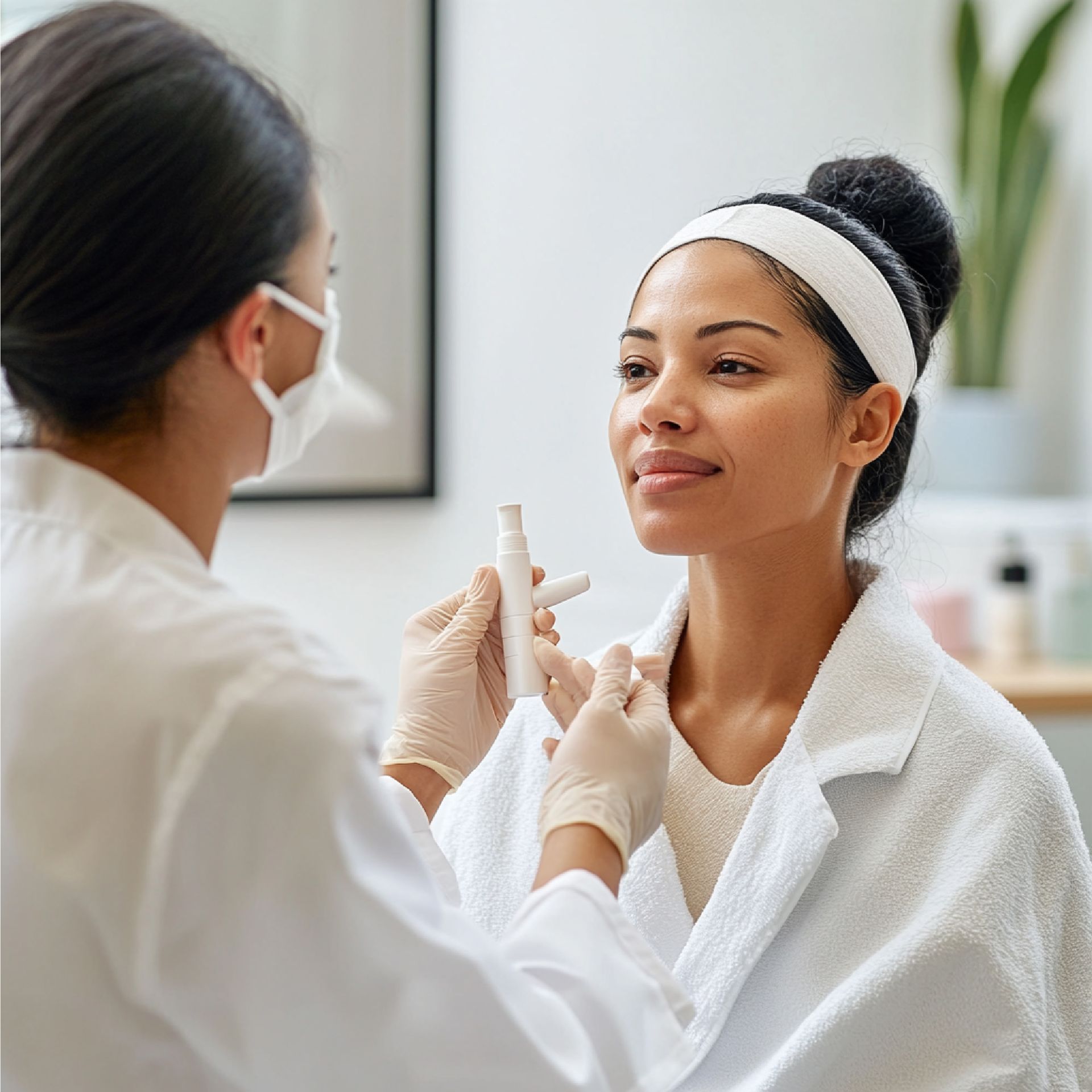 A person receiving a skincare treatment; a medical professional holds a product.