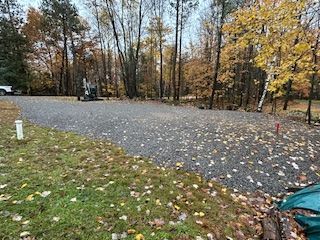 A gravel driveway in the middle of a forest with trees in the background.