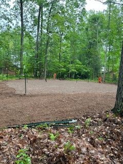There is a volleyball court in the middle of the woods.