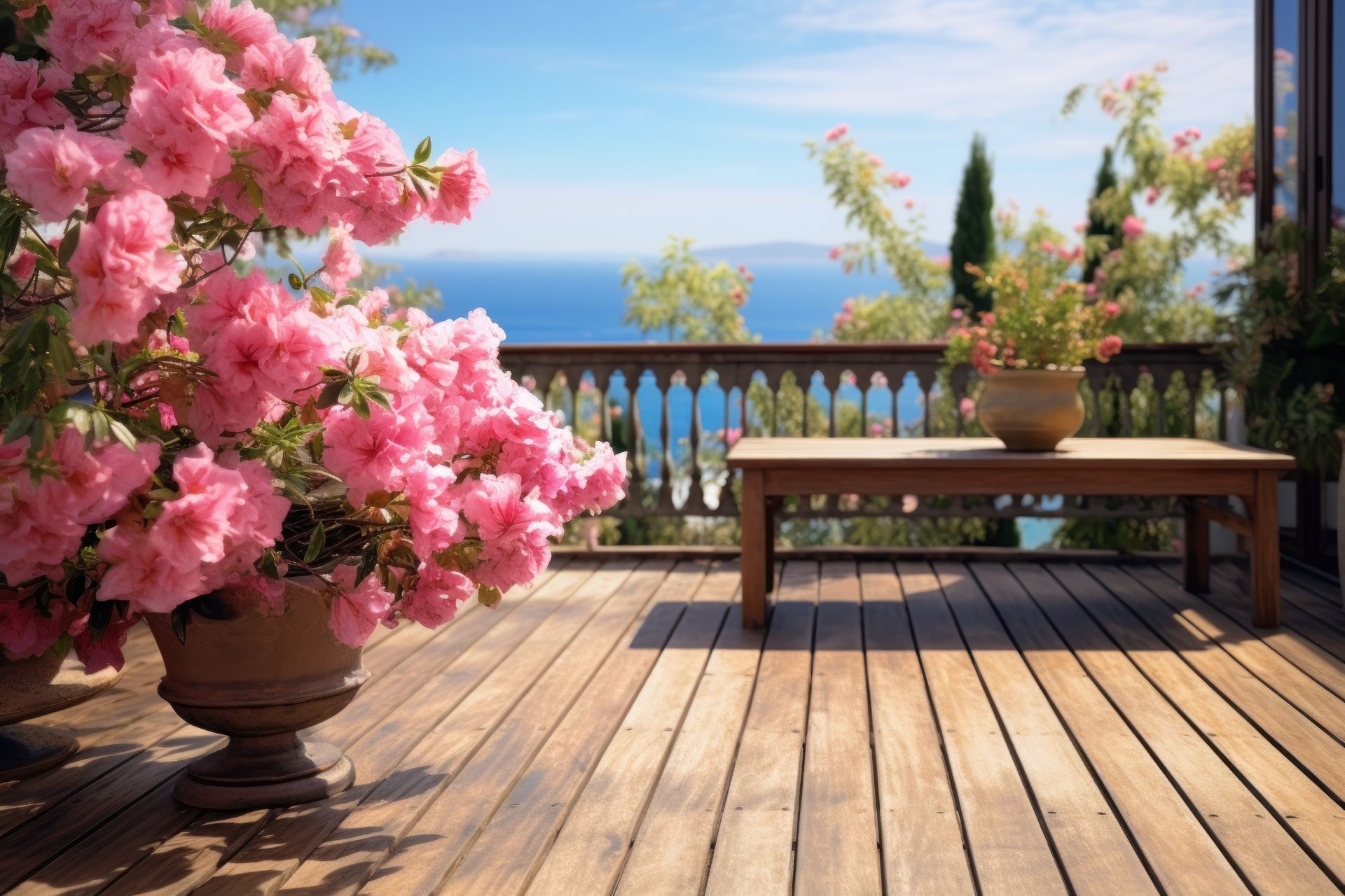 A wooden deck with pink flowers and a bench.