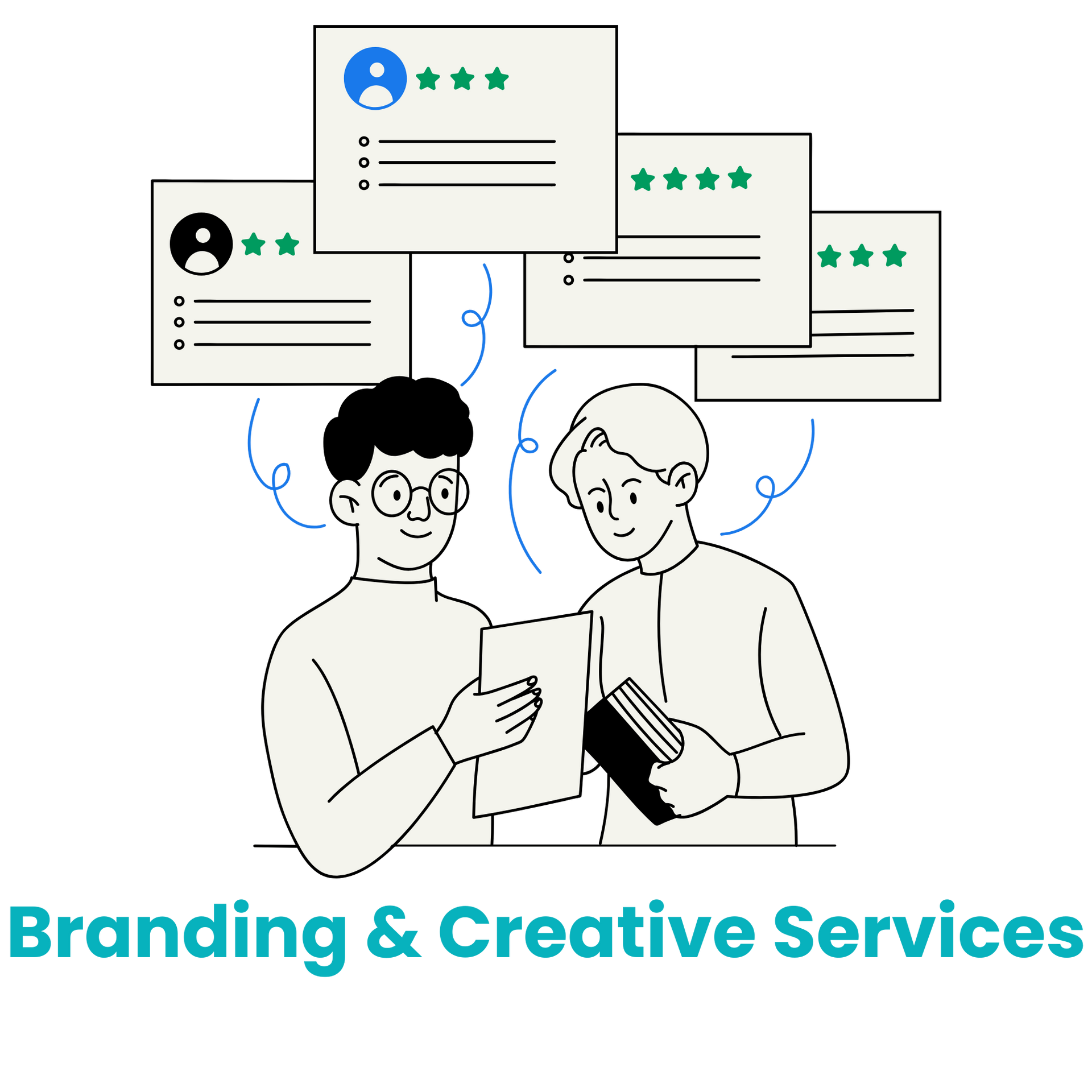 Designers brainstorming with logos and brand guidelines on a table