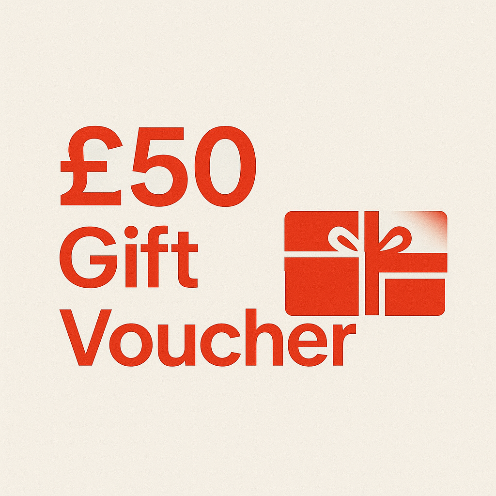 £50 gift voucher, red text and gift box illustration on cream background.