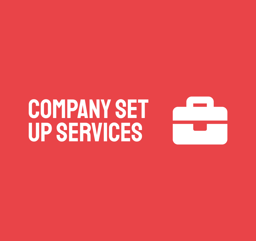 Company set up services text with briefcase icon, on a red background.
