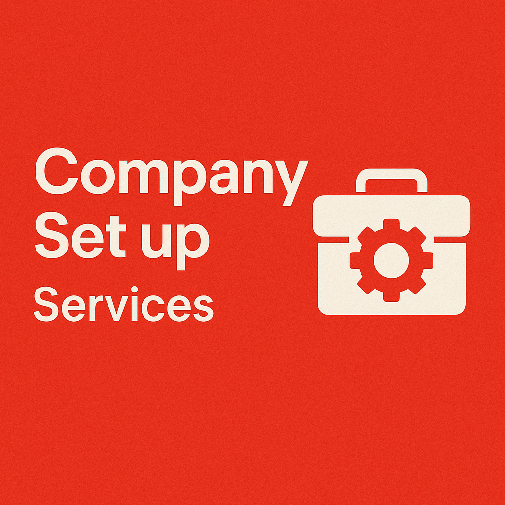 Company Set up Services: Text beside an orange briefcase icon with a gear on an orange background.catagory tile