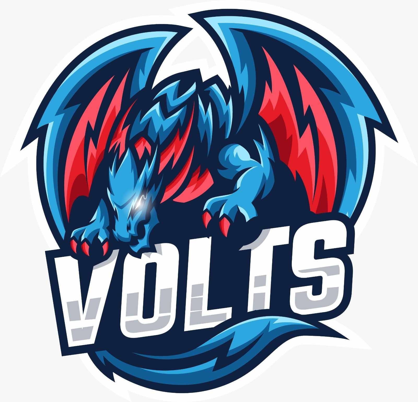 A blue and red dragon with the word volts on it.