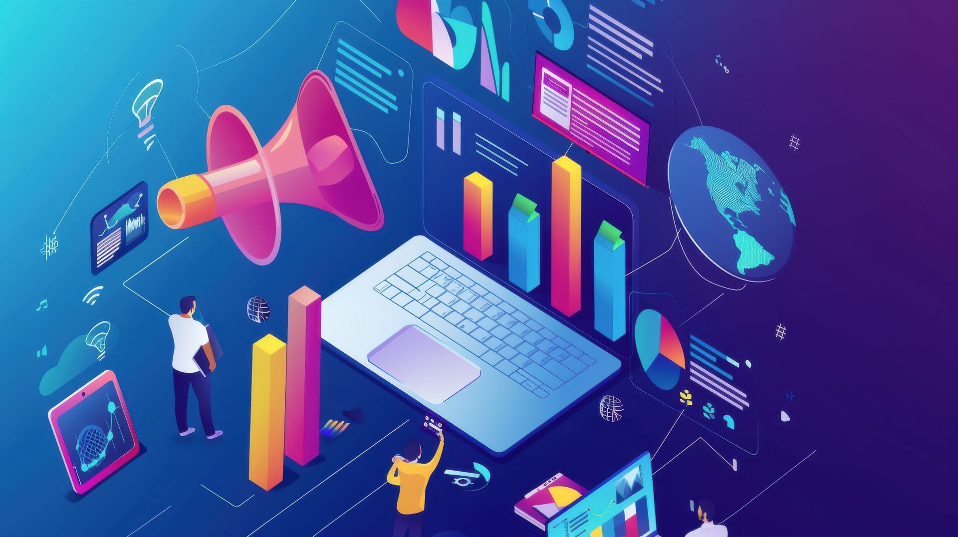 An isometric illustration of a laptop surrounded by graphs and a megaphone.