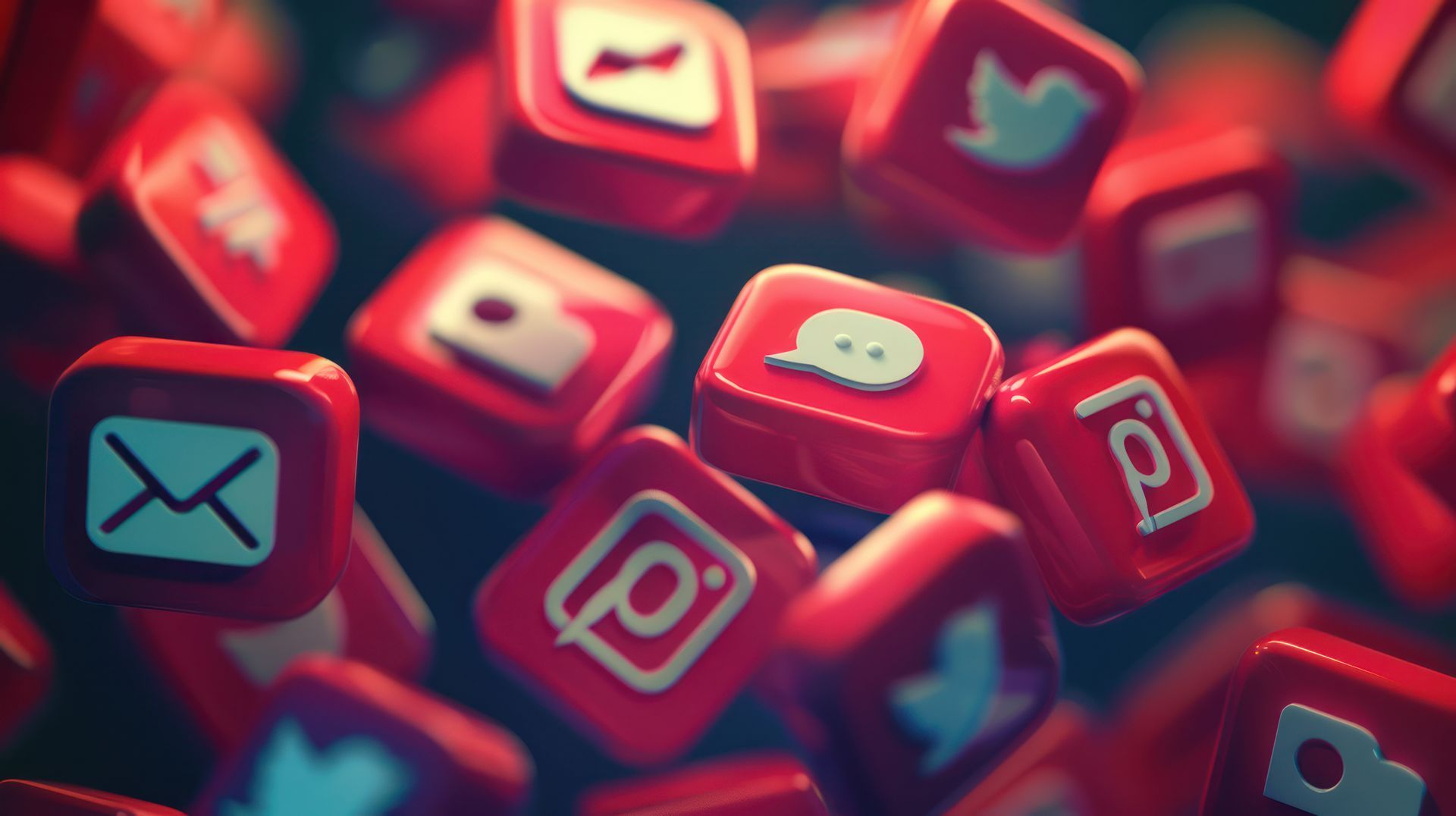 A bunch of red dice with social media icons on them