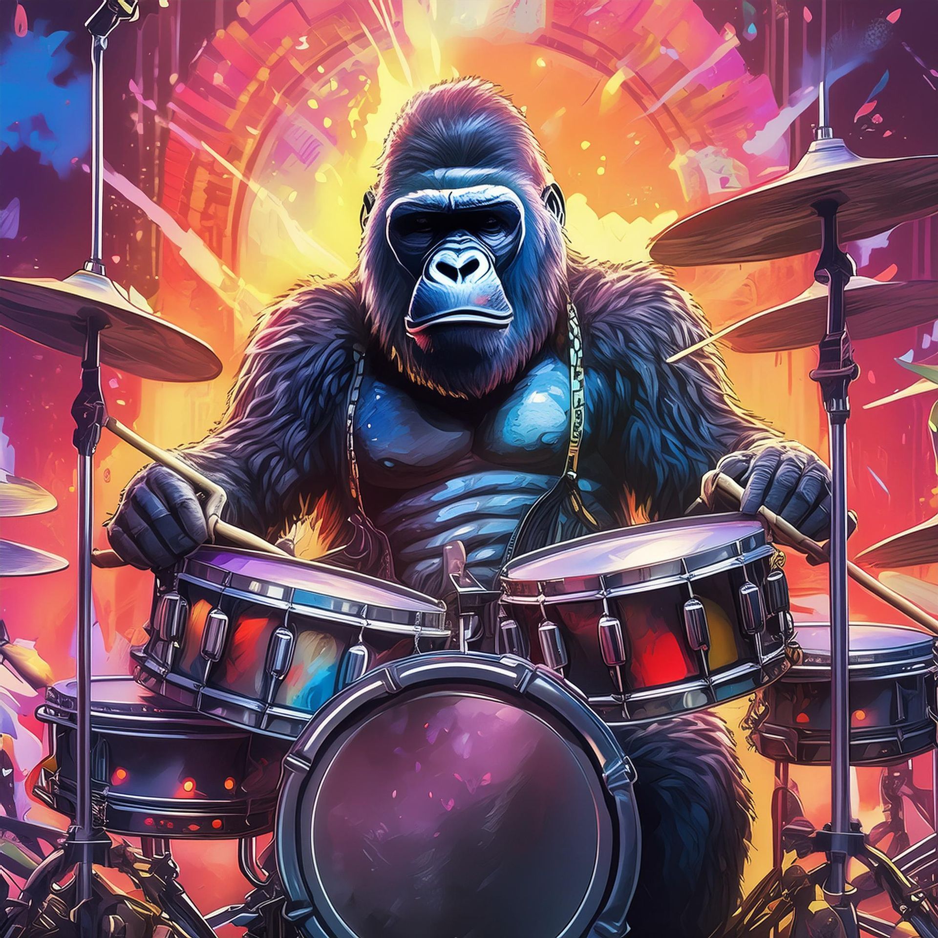 A gorilla is playing drums on a stage.