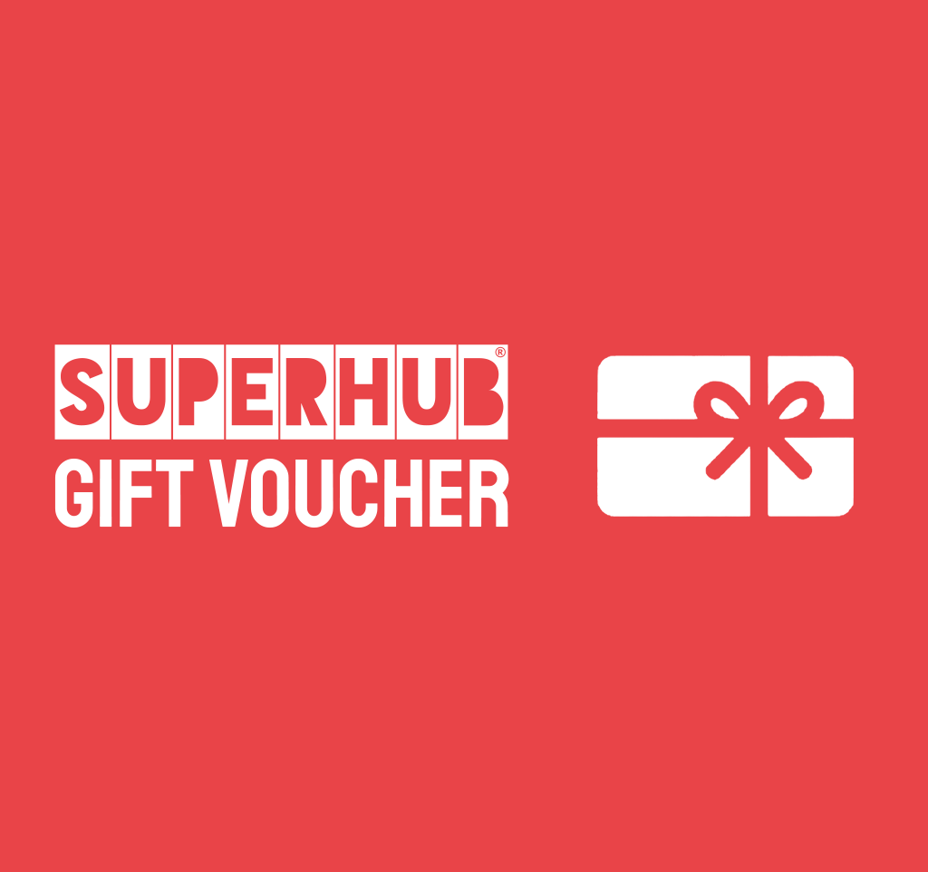 Superhub gift voucher with logo and gift box icon, on a red background.