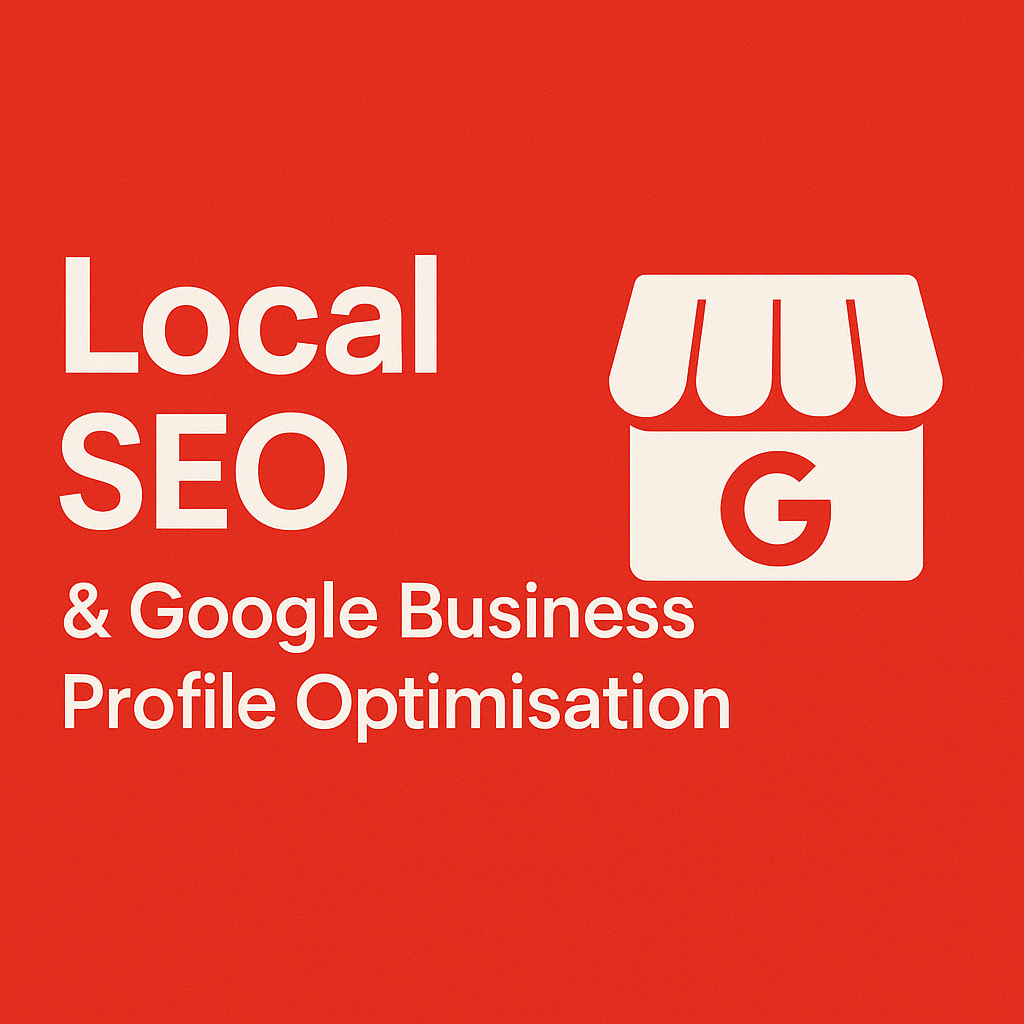 Local SEO and Google Business Profile optimization, white text on red background, store icon with āGā.